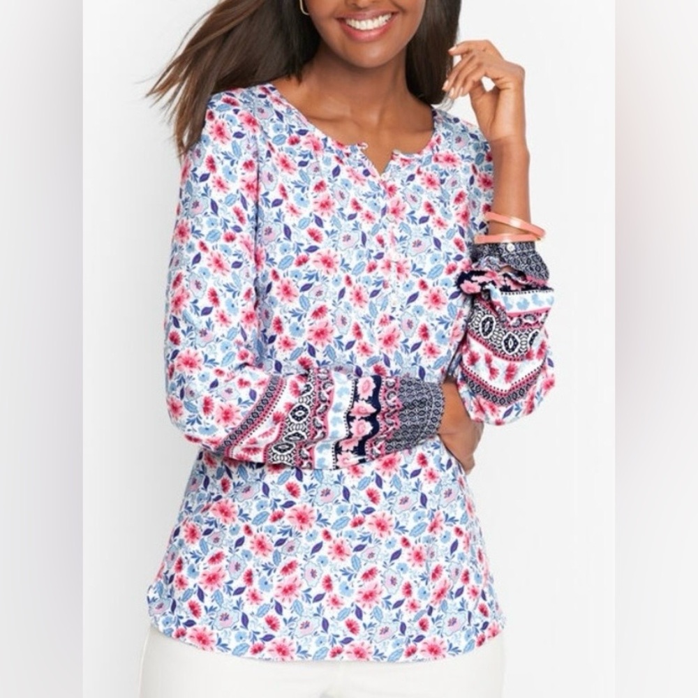 Talbots Pink and Blue Floral Popover Long-Sleeve Blouse